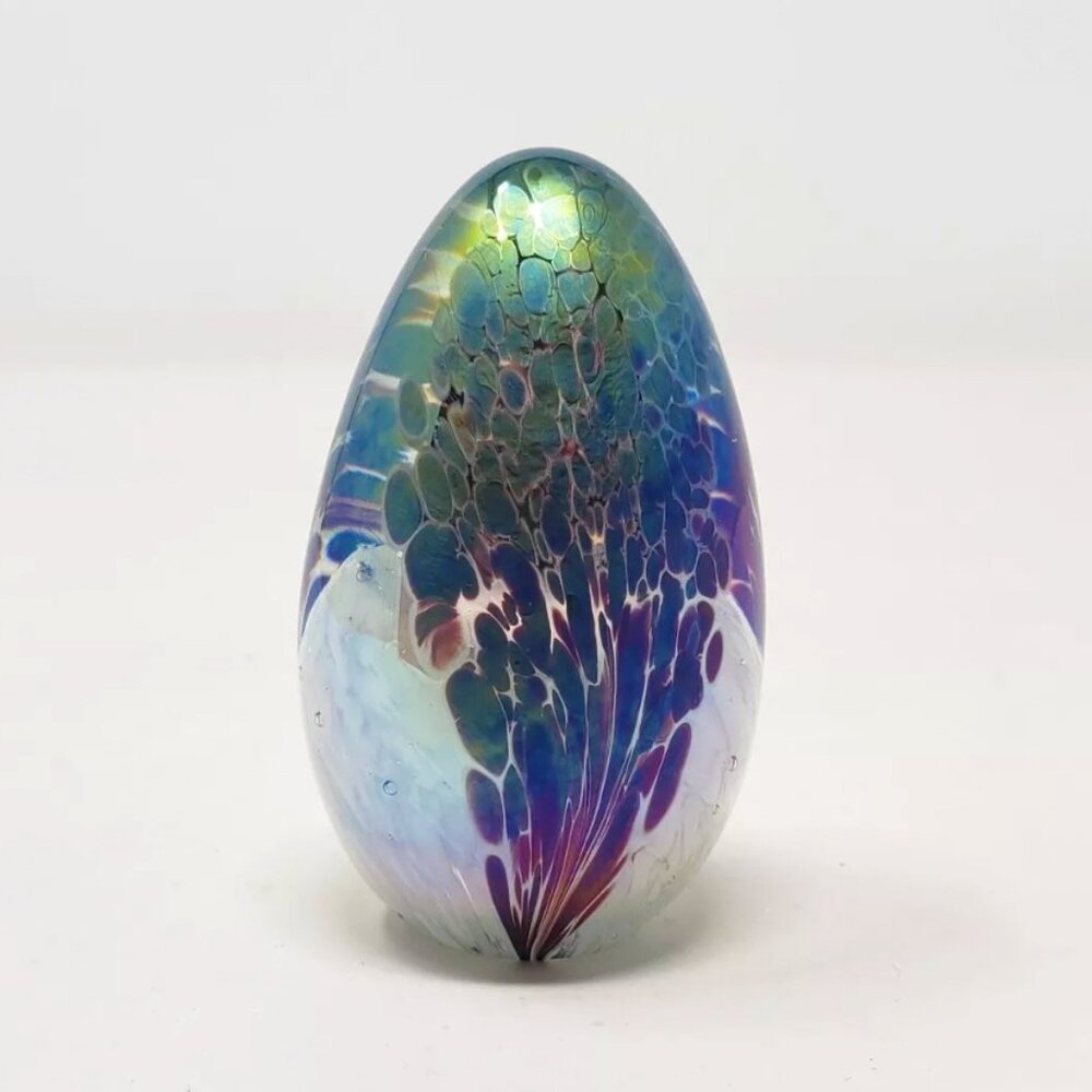 VINTAGE Mount St Helens Iridescent Art Glass Egg Paperweight 2.5" Signed MSH 88